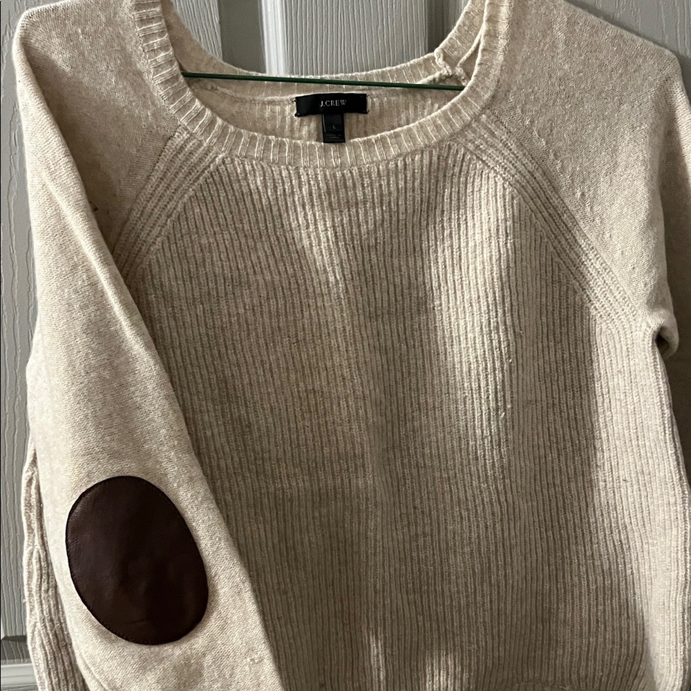 J. Crew Cream Ribbed Leather Elbow Patch Crewneck Sweater Dark Academia